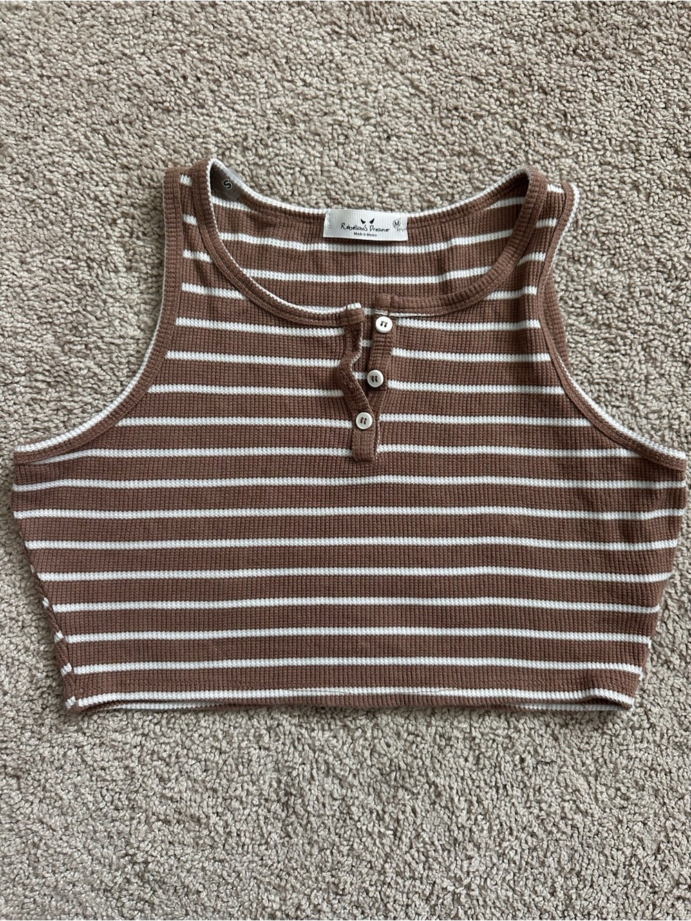 Women’s Brown and White Striped Ribbed Henley Crop Tank Top